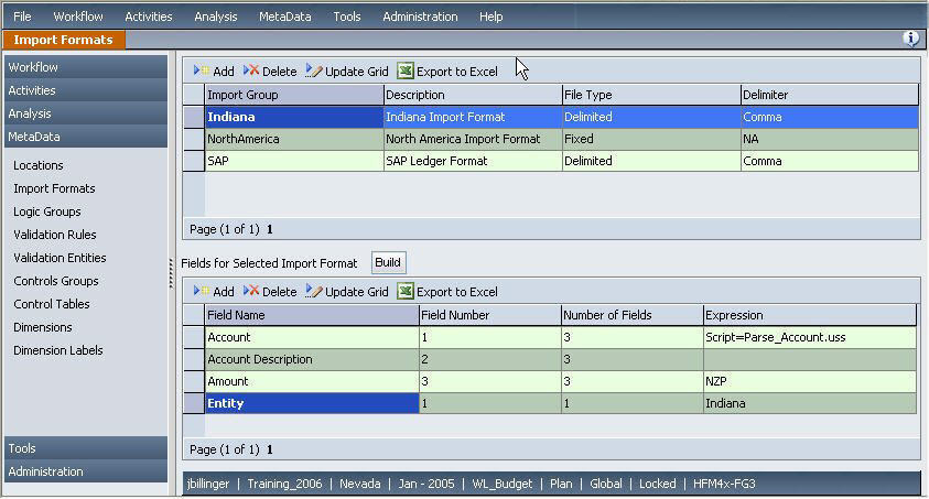The image shows the Import Formats screen. The expression for the Amount row of the Indiana  import format contains the Parse_Account.uss script.